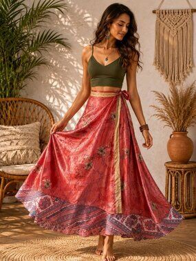 Reversible Sari Silk Magic Wrap Skirt Boho Festival Dress Pink Handmade India OS